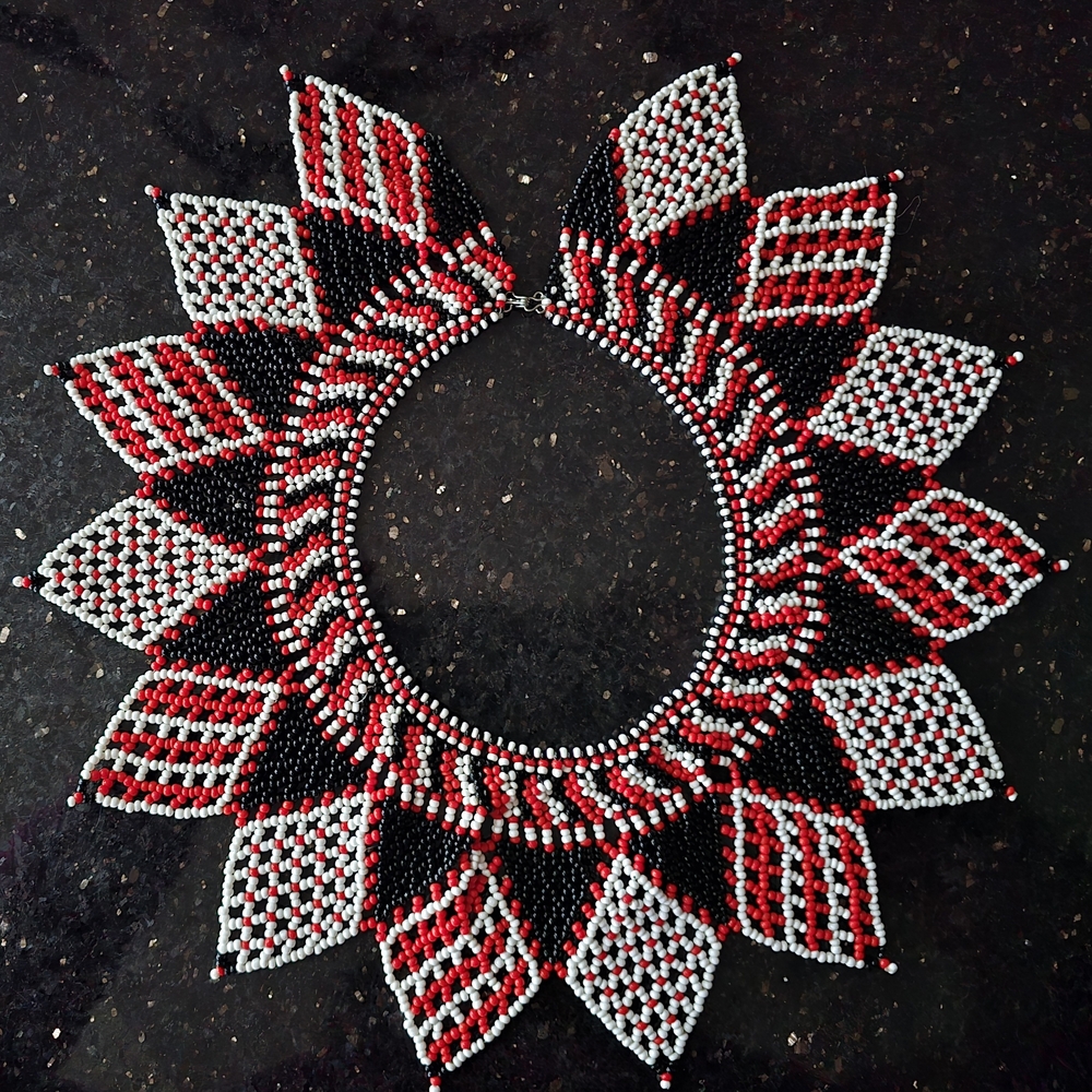 Authentic Zulu Spear Fringe Beaded Necklace in Red, Black, & White - Never Worn!